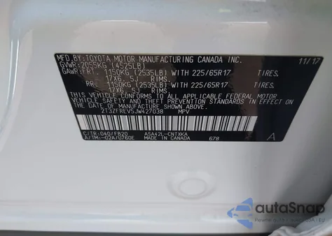 2018 Toyota Rav4 Le z USA, uszkodzony, nr VIN 2T3ZFREV5JW427038